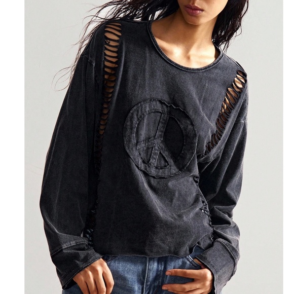 Tops - Mineral Wash Cut out Peace Patchwork Long Sleeve top